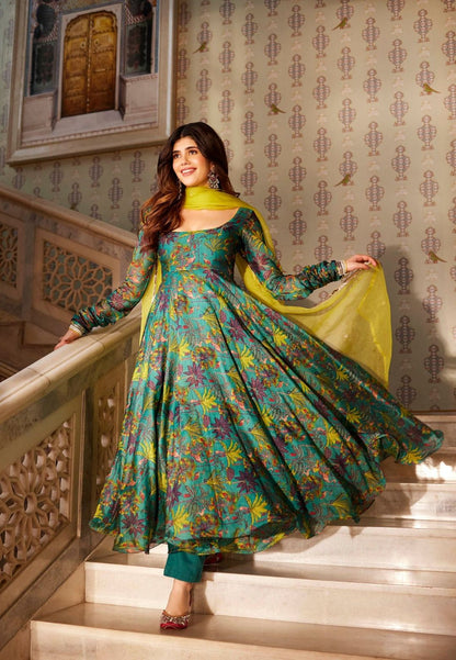 GREEN VAIREA CHANDERI ANARKALI SUIT SET