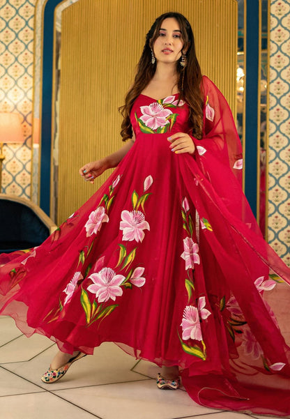 RED STRAP HAMRA ORGANZA ANARKALI SUIT SET
