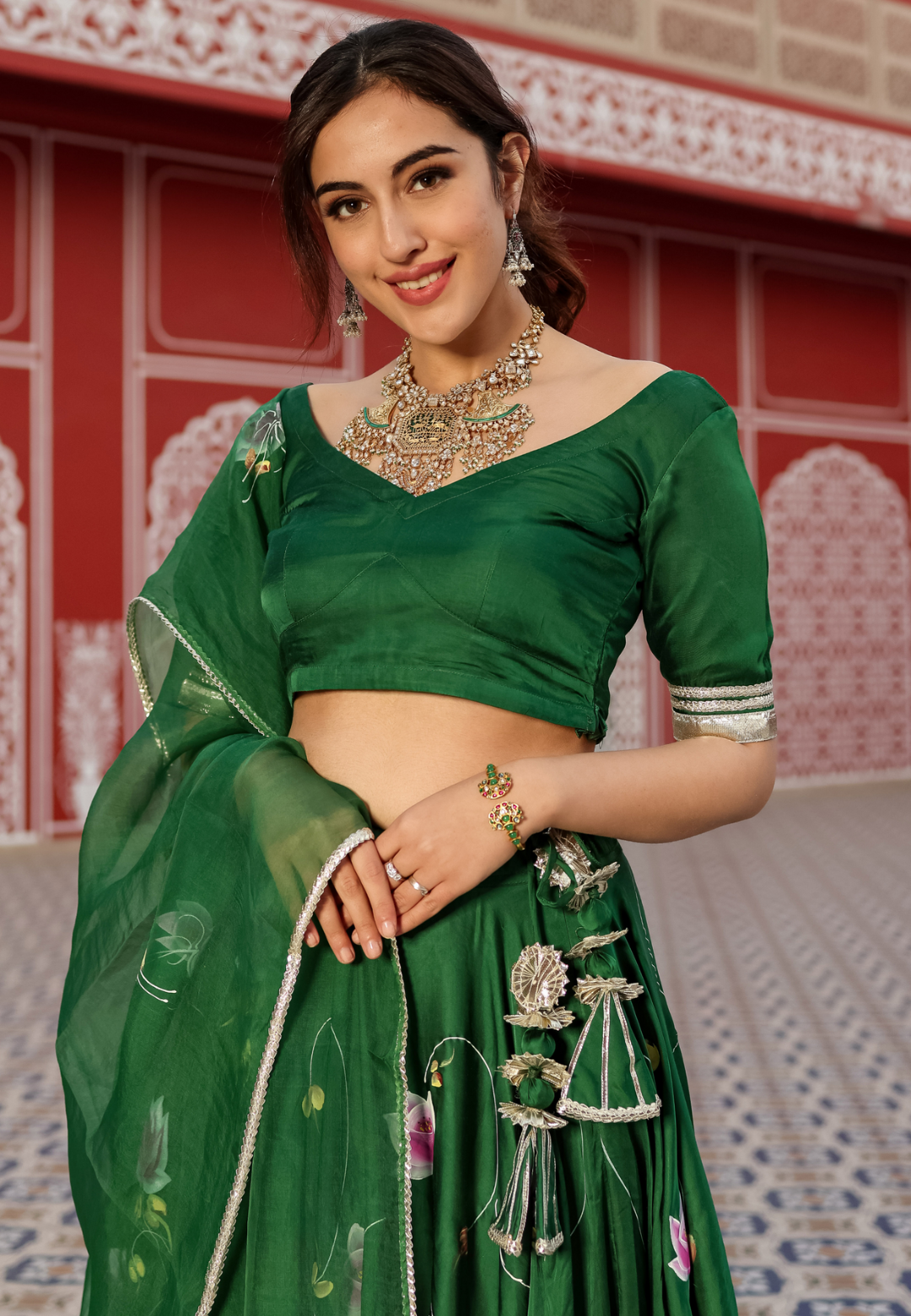 GREEN HANDPAINTED SATIN SILK LEHENGA SET