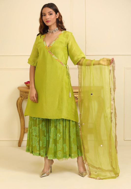 GREEN SILK TISSUE ANGRAKHA SHARARA SUIT SET