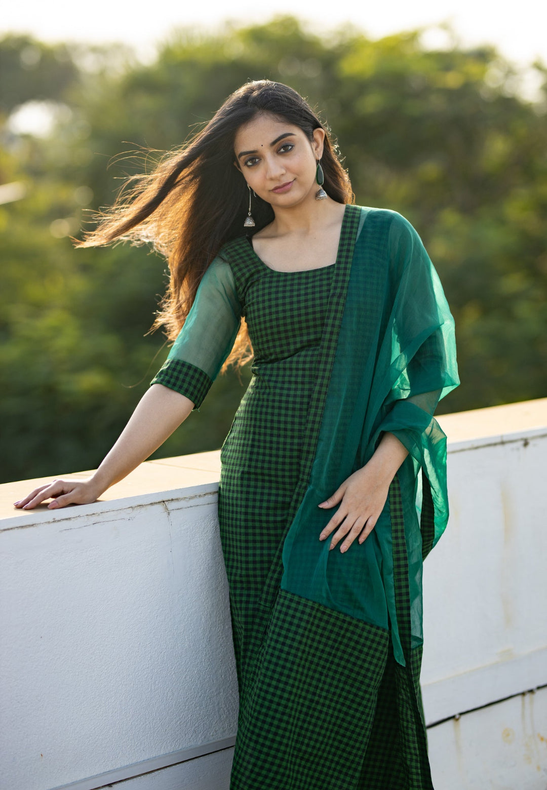 BOTTLE GREEN CHECKERED KURTA SET