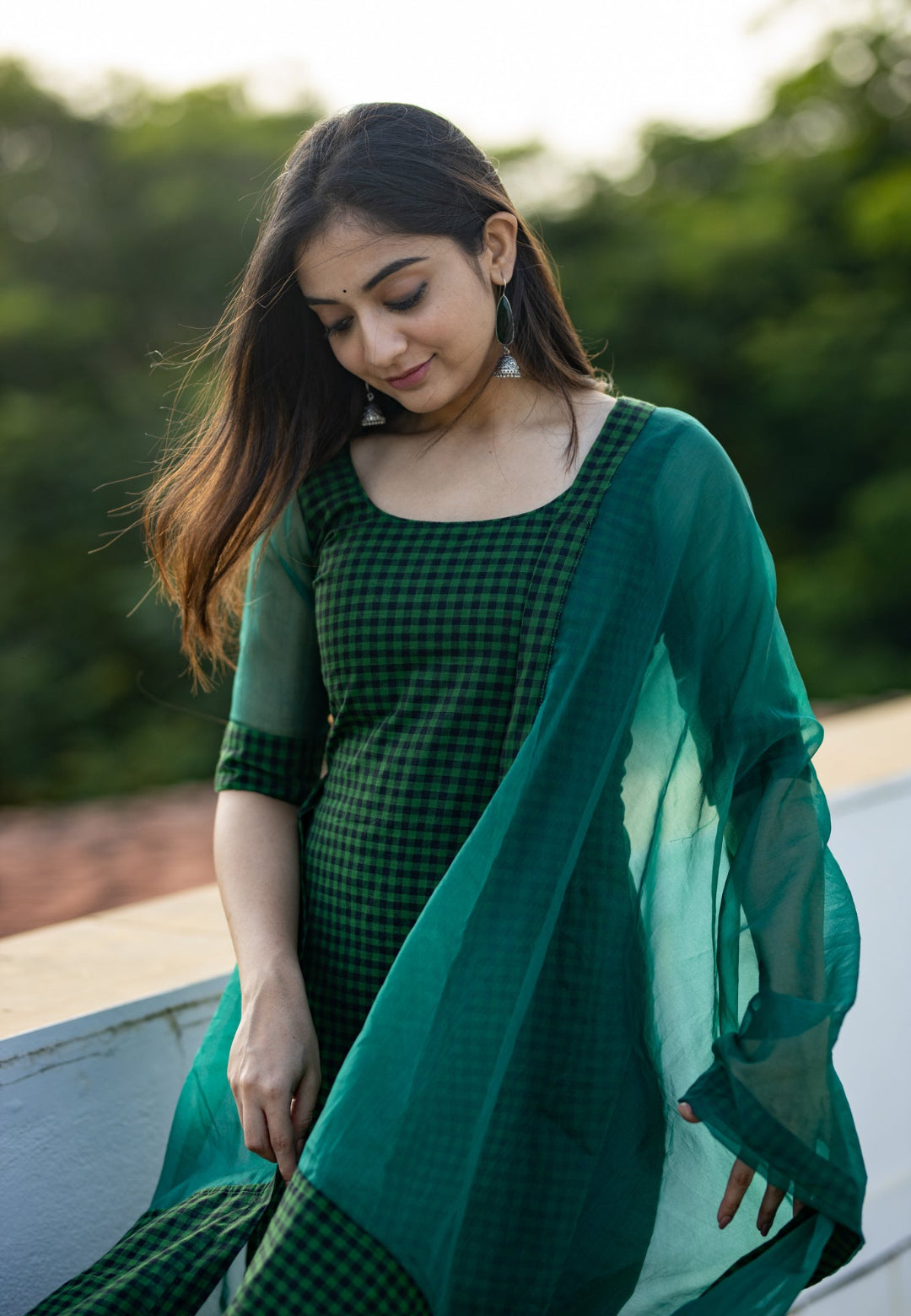 BOTTLE GREEN CHECKERED KURTA SET