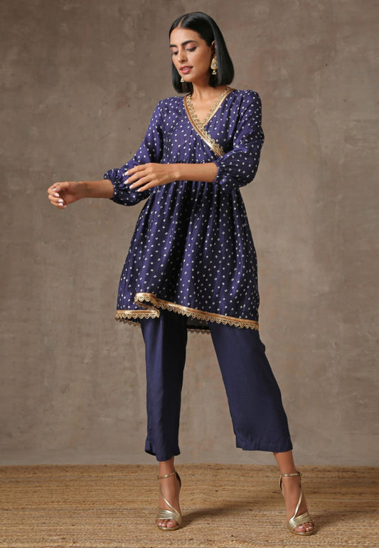 BLUE BANDHANI  MUSLIN SILK KURTA SET