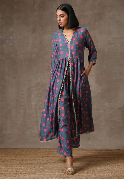 BLUE PINK MUSLIN SILK SLIT KURTA SET