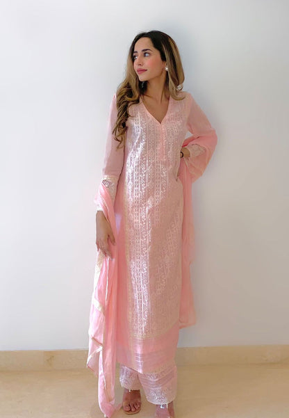 PASTEL PINK CHANDERI CHIKANKARI SUIT SET