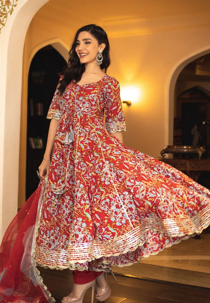 RED STELLA COTTON ANARKALI SUIT SET
