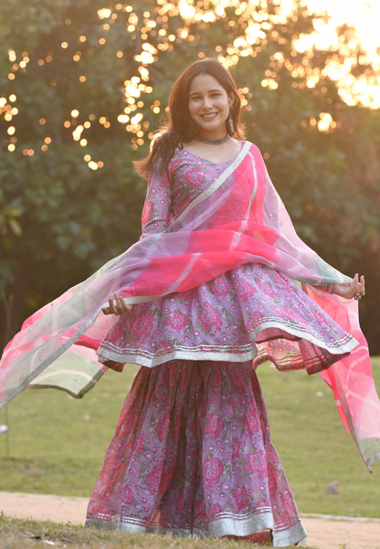 PURPLE PINK  CHANDRA CHANDERI SHARARA SET