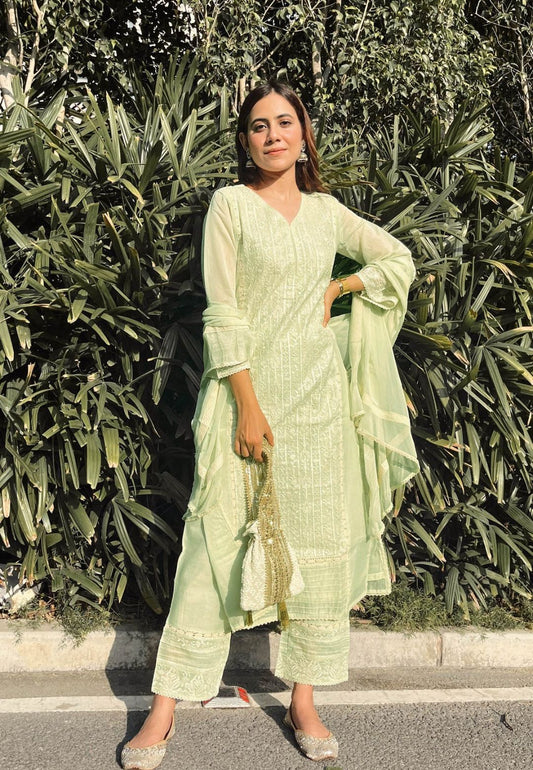 GREEN CHANDERI CHIKANKARI SUIT SET