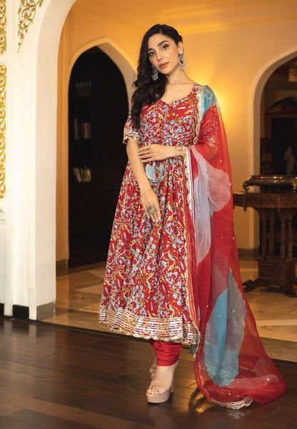 RED STELLA COTTON ANARKALI SUIT SET