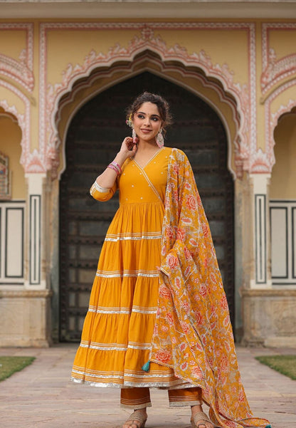 MUSTARD YELLOW TIERED ANARKALI SUIT SET