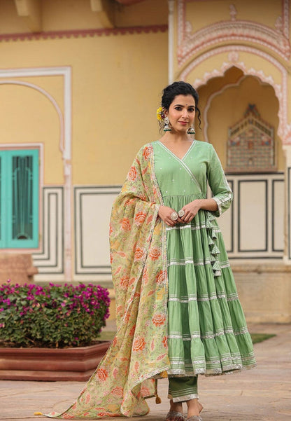 GREEN ZARA TIERED ANARKALI SUIT SET