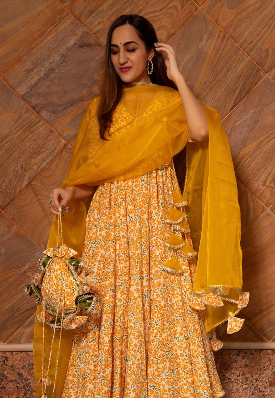 YELLOW BLOCKPRINT COTTON ANGRAKHA SET