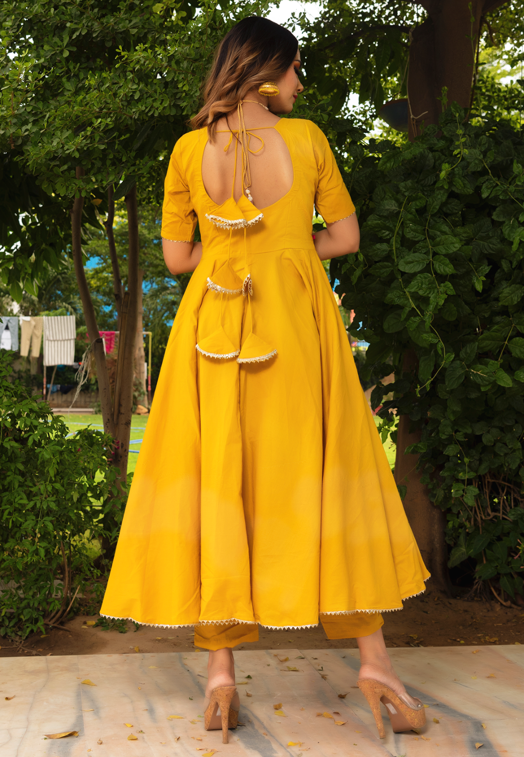 YELLOW LEHERIYA COTTON ANARKALI SUIT SET