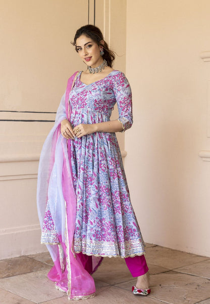 BLUE PINK SIRIA COTTON ANARKALI SUIT SET