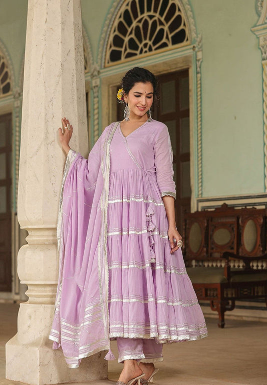 PURPLE LAVENDER COTTON TIERED ANARKALI SUIT SET