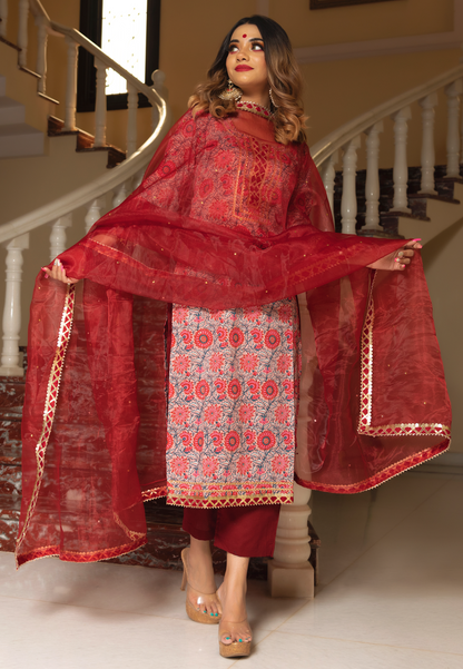 RED FLORAL STRAIGHT SUIT SET