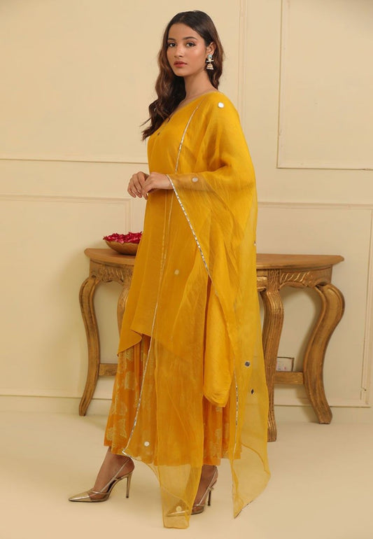 YELLOW KAFTAN SILK TISSUE SHARARA SET