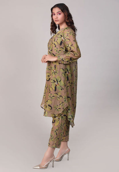 BROWN FLORAL PRINTED CHANDERI COORD SET
