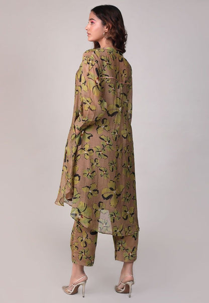 BROWN FLORAL PRINTED CHANDERI COORD SET