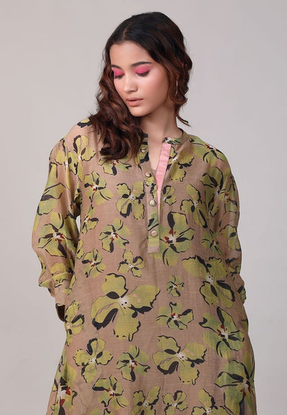 BROWN FLORAL PRINTED CHANDERI COORD SET