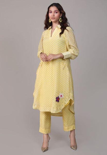 YELLOW CHECK SEQUINED CHANDERI COORD SET