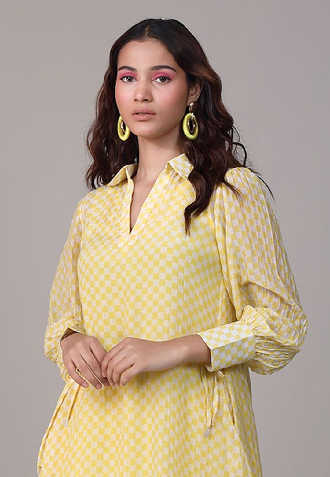 YELLOW CHECK SEQUINED CHANDERI COORD SET