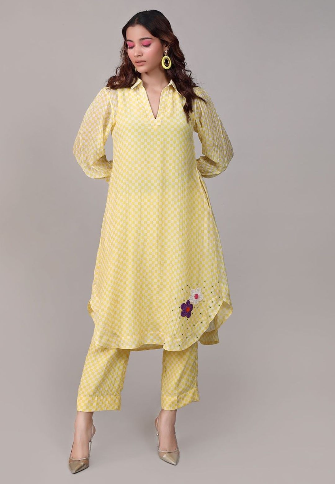 YELLOW CHECK SEQUINED CHANDERI COORD SET