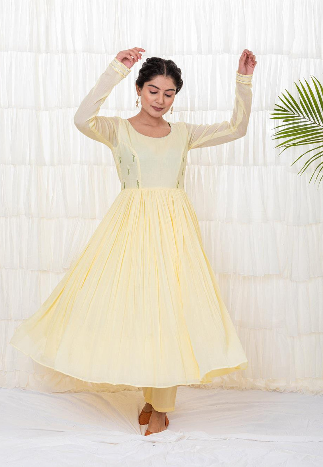 PASTEL YELLOW MUL MUL ANARKALI SUIT SET