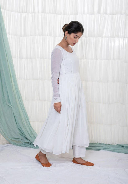 WHITE MULMUL ANARKALI SUIT SET