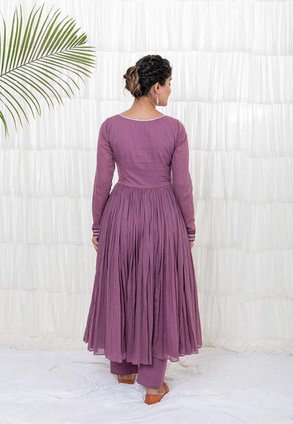 PURPLE LAVENDER MUL MUL ANARKALI SUIT SET