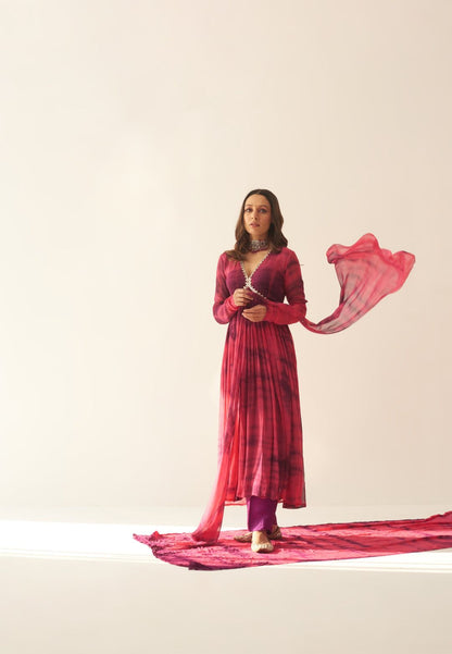 PINK FALSA SHIBORI ANARKALI SUIT SET