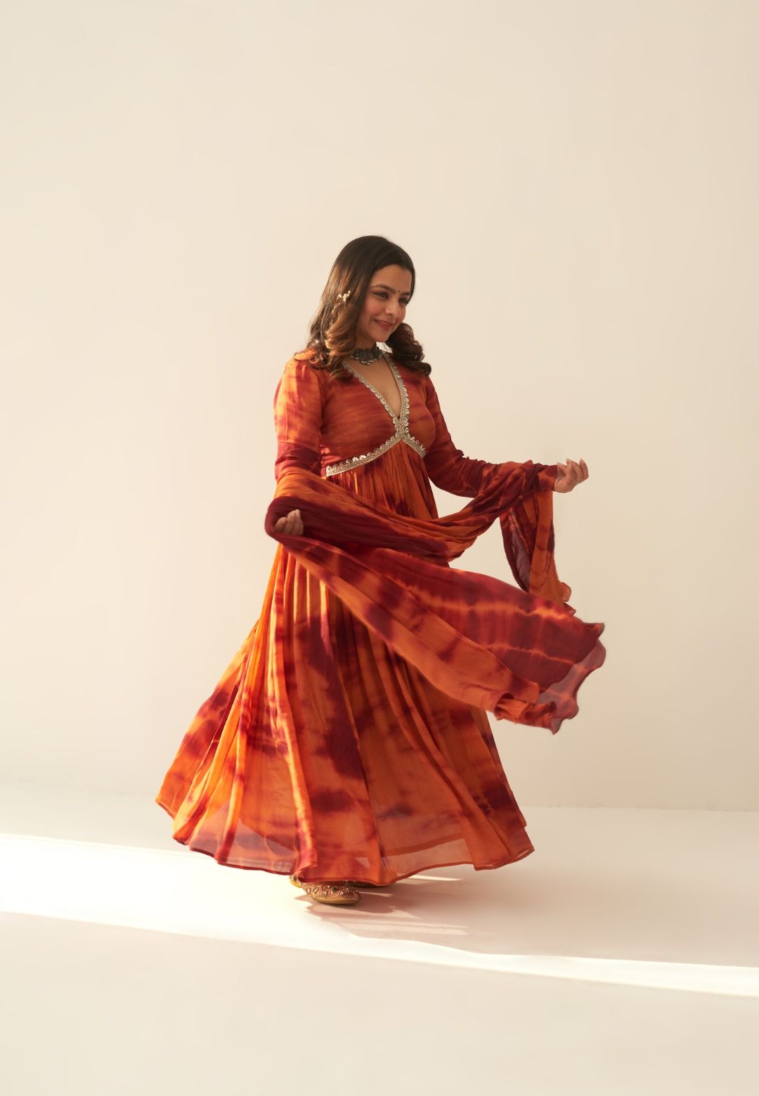 RUST BROWN SHIBORI ANARKALI SET