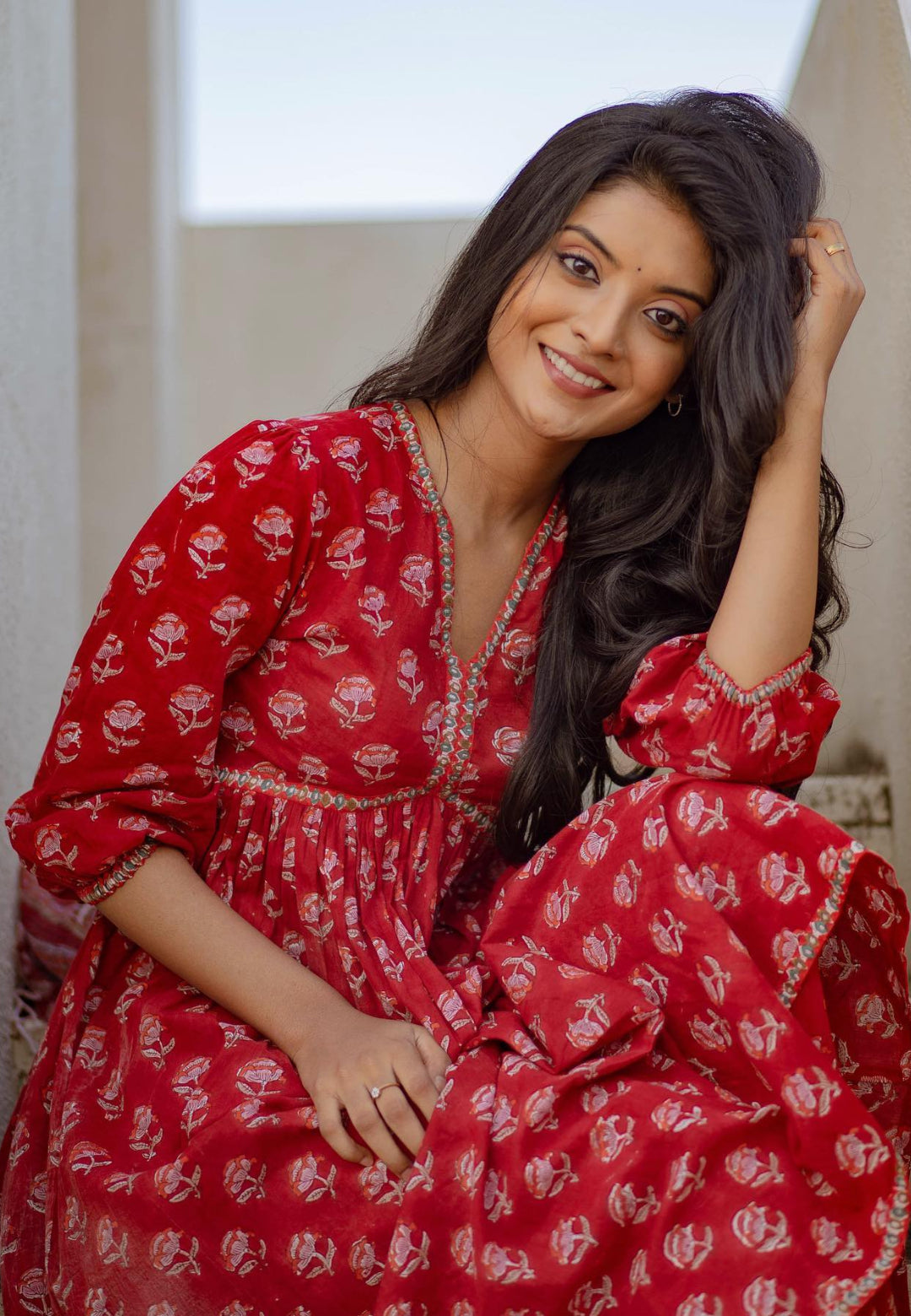 DEEP RED MARIGOLD ANARKALI SUIT SET