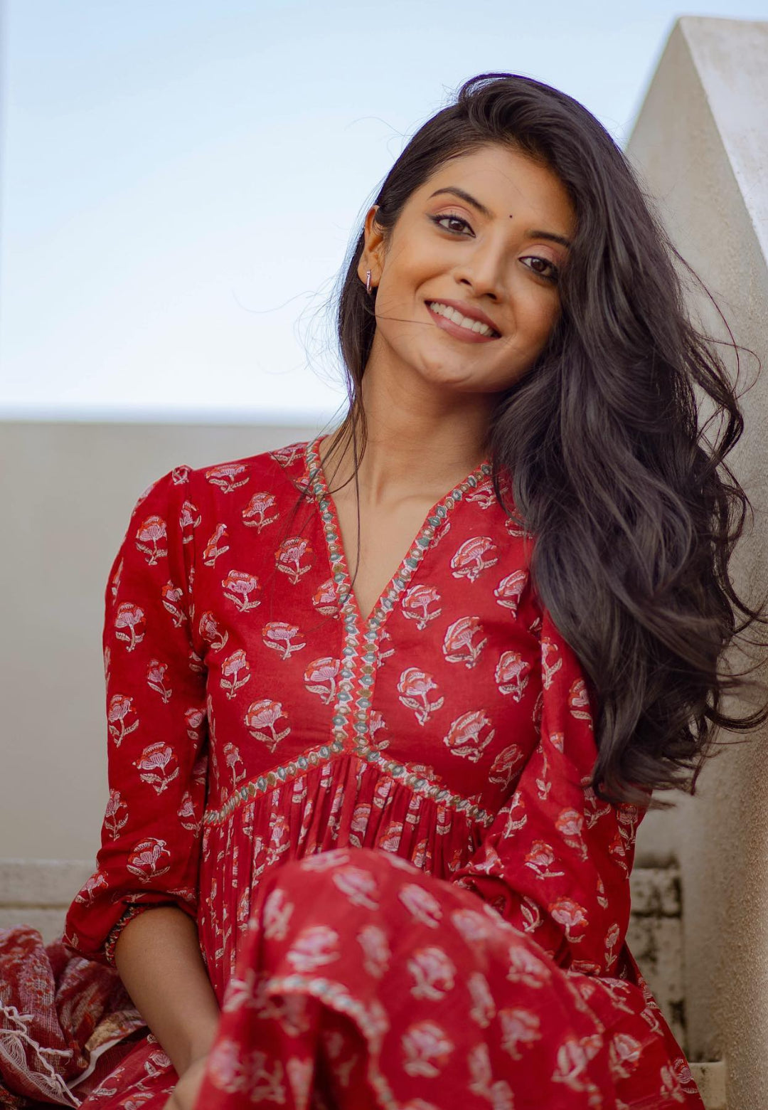 DEEP RED MARIGOLD ANARKALI SUIT SET
