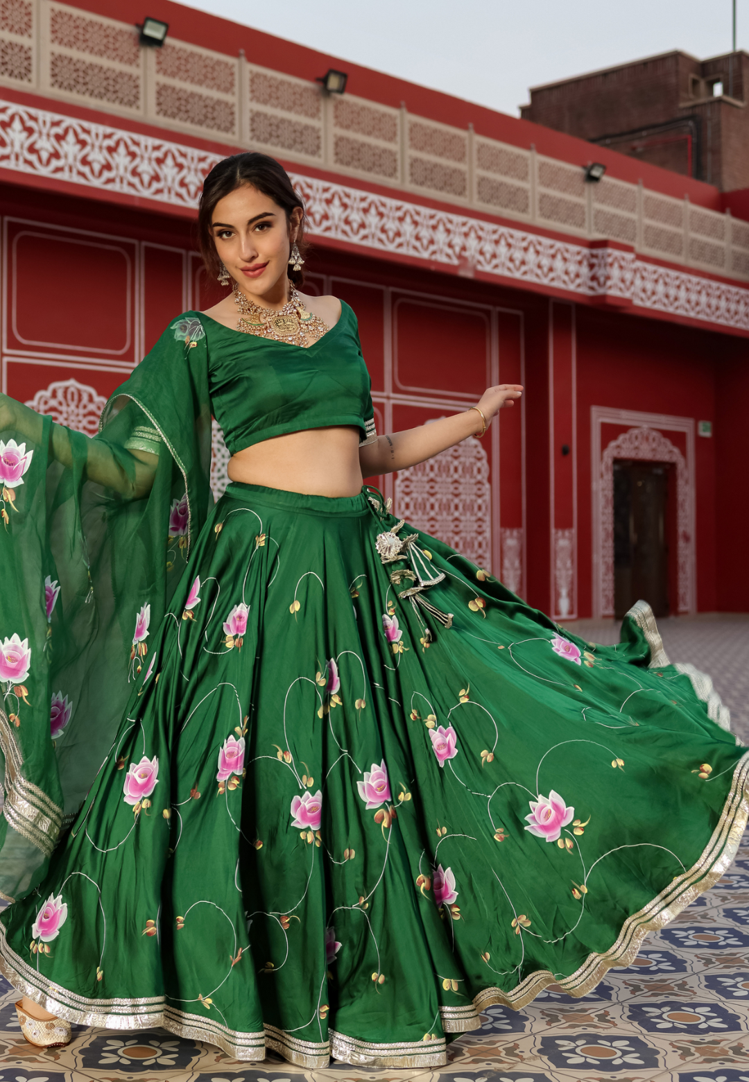 GREEN HANDPAINTED SATIN SILK LEHENGA SET