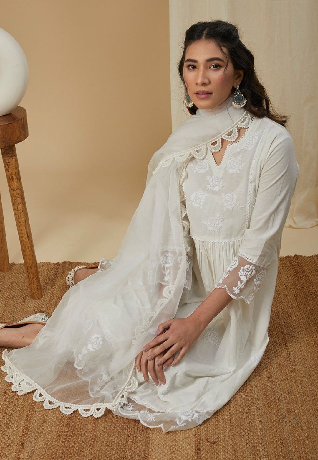 OFF WHITE COTTON CHIKANKARI SUIT SET