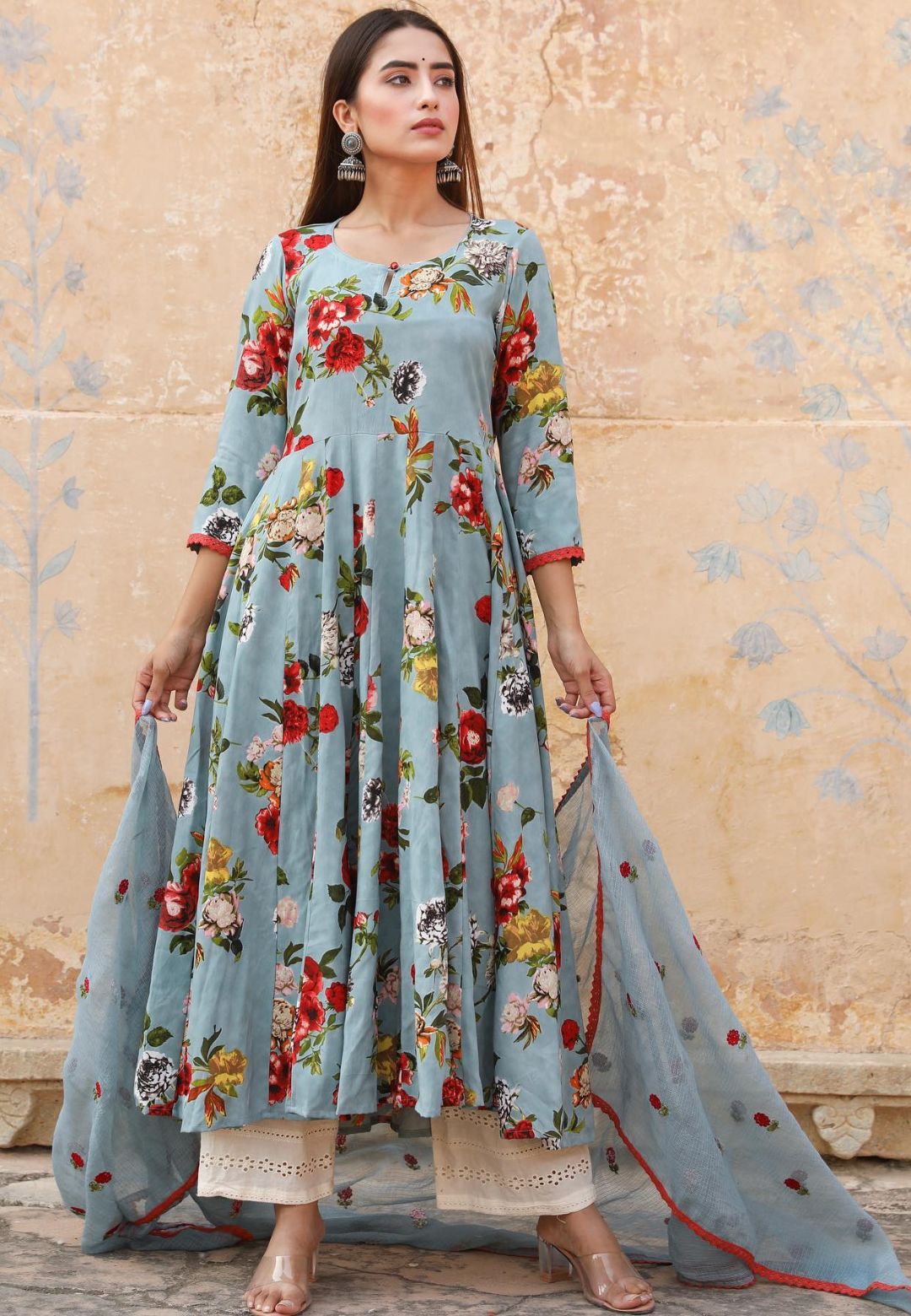 BLUE COTTON MUSLIN FLORAL ANARKALI SET