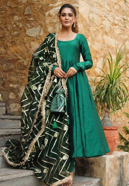 GREEN RAJSHRI ANARKALI SILK SUIT SET