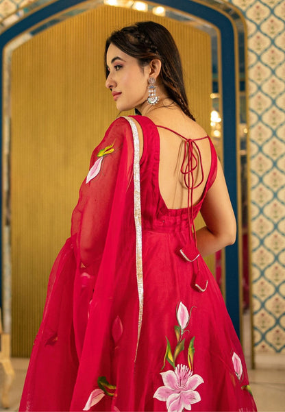 RED STRAP HAMRA ORGANZA ANARKALI SUIT SET