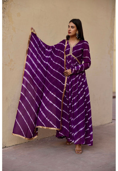 PURPLE GEORGETTE LEHERIYA ANARKALI SUIT SET