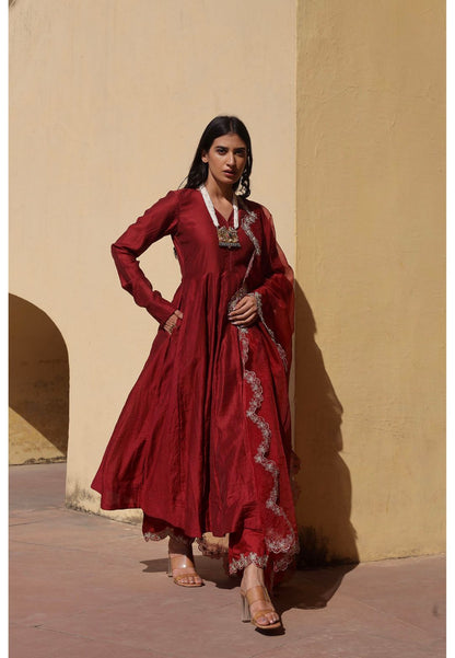 MAROON CHANDERI ANARKALI SUIT SET