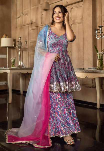 BLUE HEZREEN CHANDERI SHARARA SET