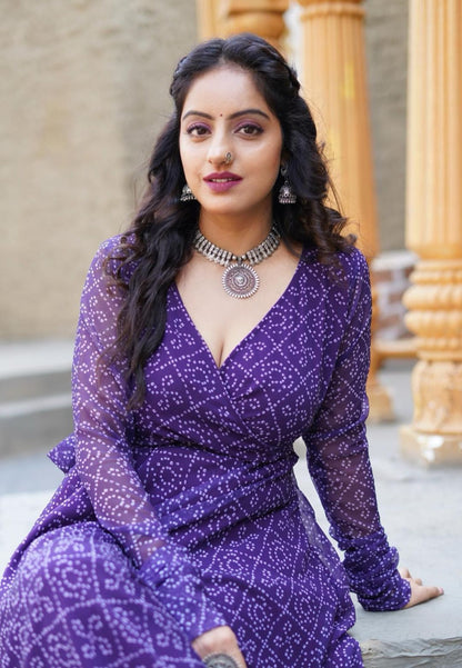 PURPLE BANDHANI GEORGETTE ANGRAKHA DRESS