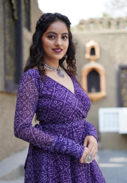 PURPLE BANDHANI GEORGETTE ANGRAKHA DRESS
