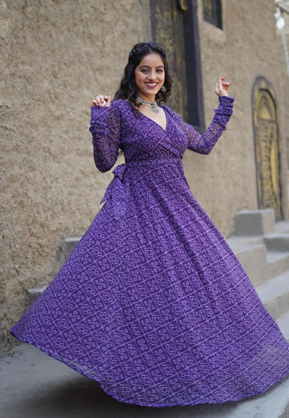 PURPLE BANDHANI GEORGETTE ANGRAKHA DRESS