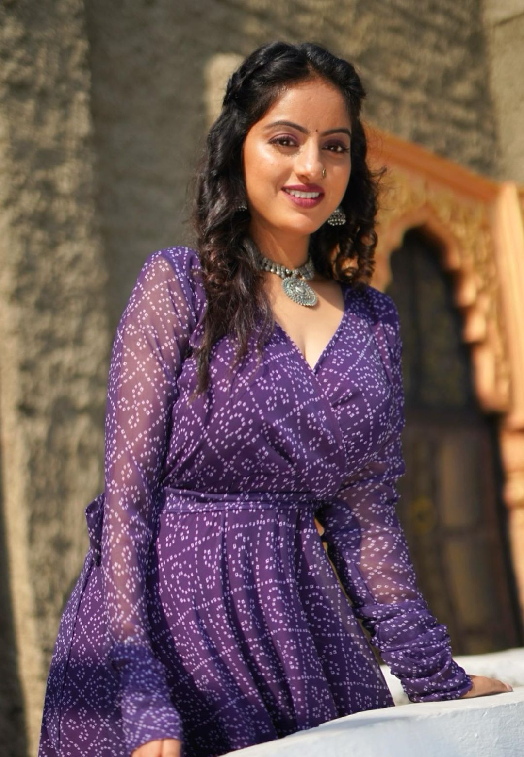 PURPLE BANDHANI GEORGETTE ANGRAKHA DRESS