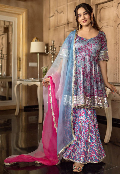 BLUE HEZREEN CHANDERI SHARARA SET