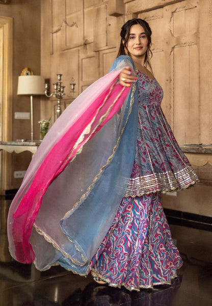 BLUE HEZREEN CHANDERI SHARARA SET
