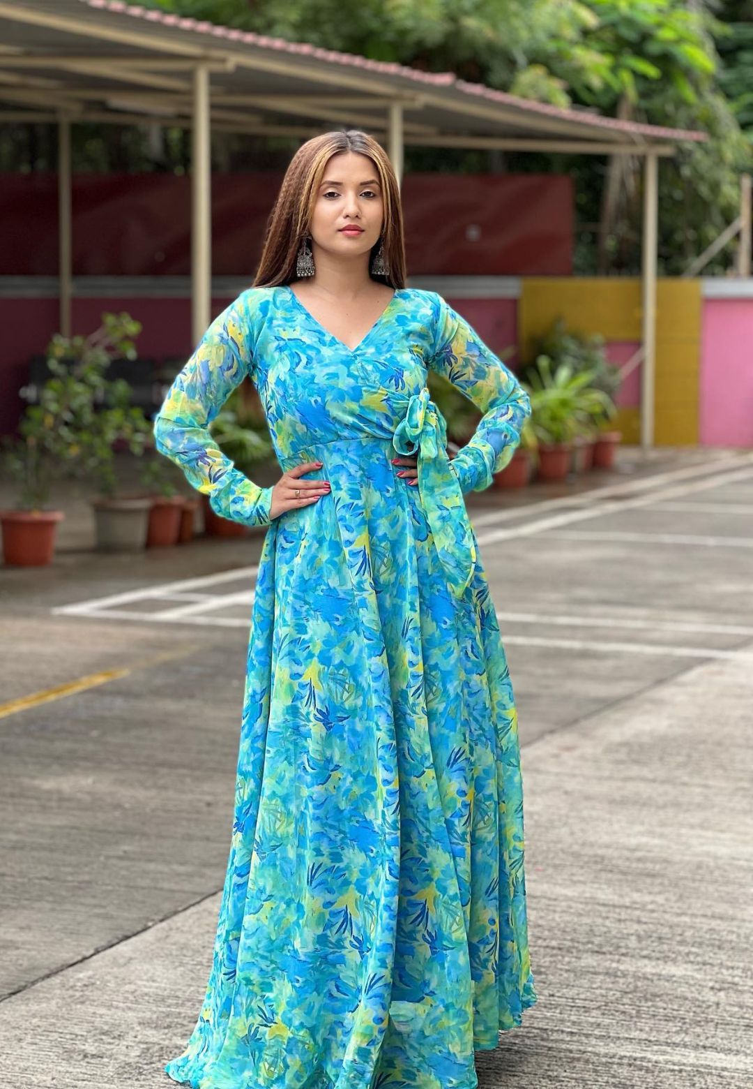 TURQUOISE BLUE GEORGETTE ANGRAKHA DRESS