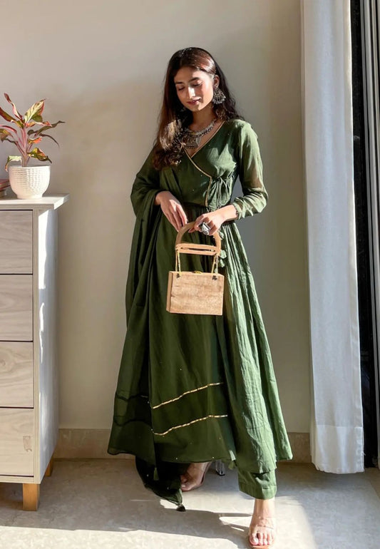 OLIVE GREEN MULMUL ANARKALI SUIT SET